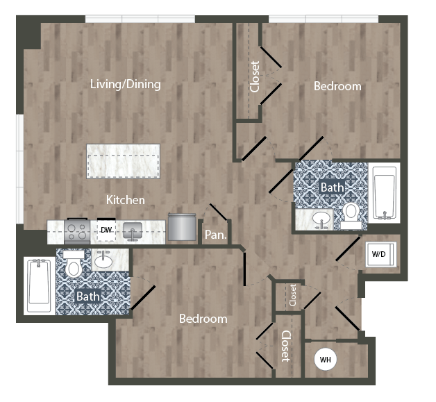 Floor plan for 2 beds, 2 baths, 957 sqft